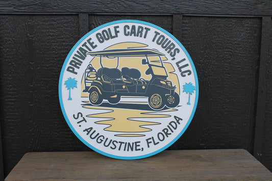 Golf Cart Private Palm Tropics Vacation Custom Sign Round Business Commerical Signage Made to Order Small Shop Logo Circle Wooden Handmade