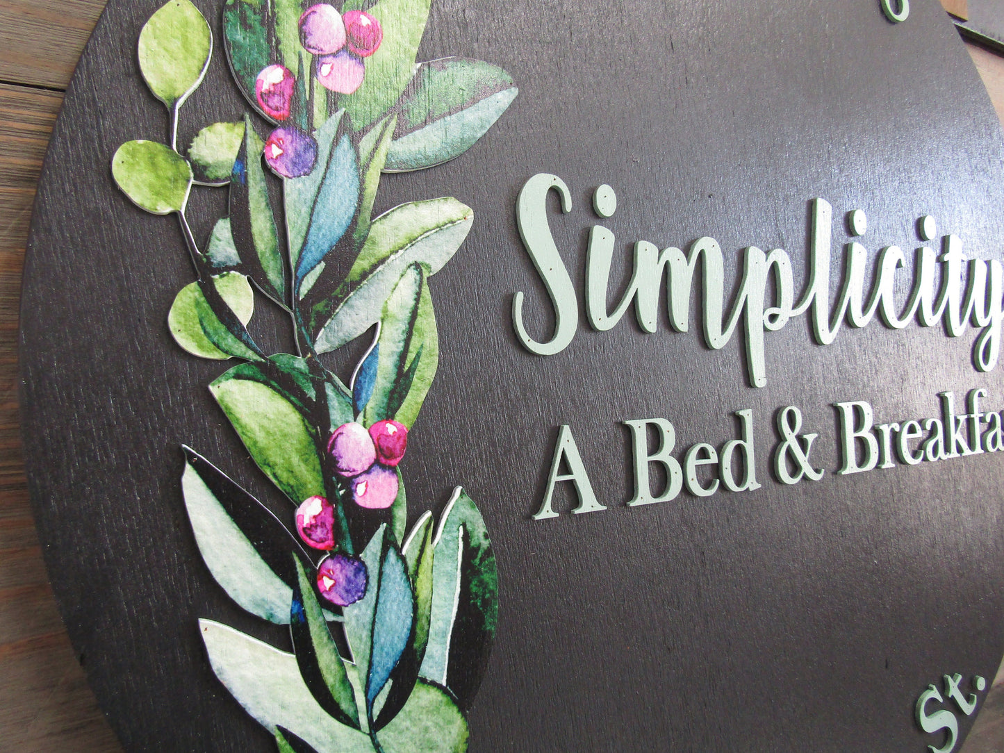 Floral Simplicity Bed and Breakfast Custom Sign Round Business Commerical Signage Made to Order Logo Circle Wooden Handmade