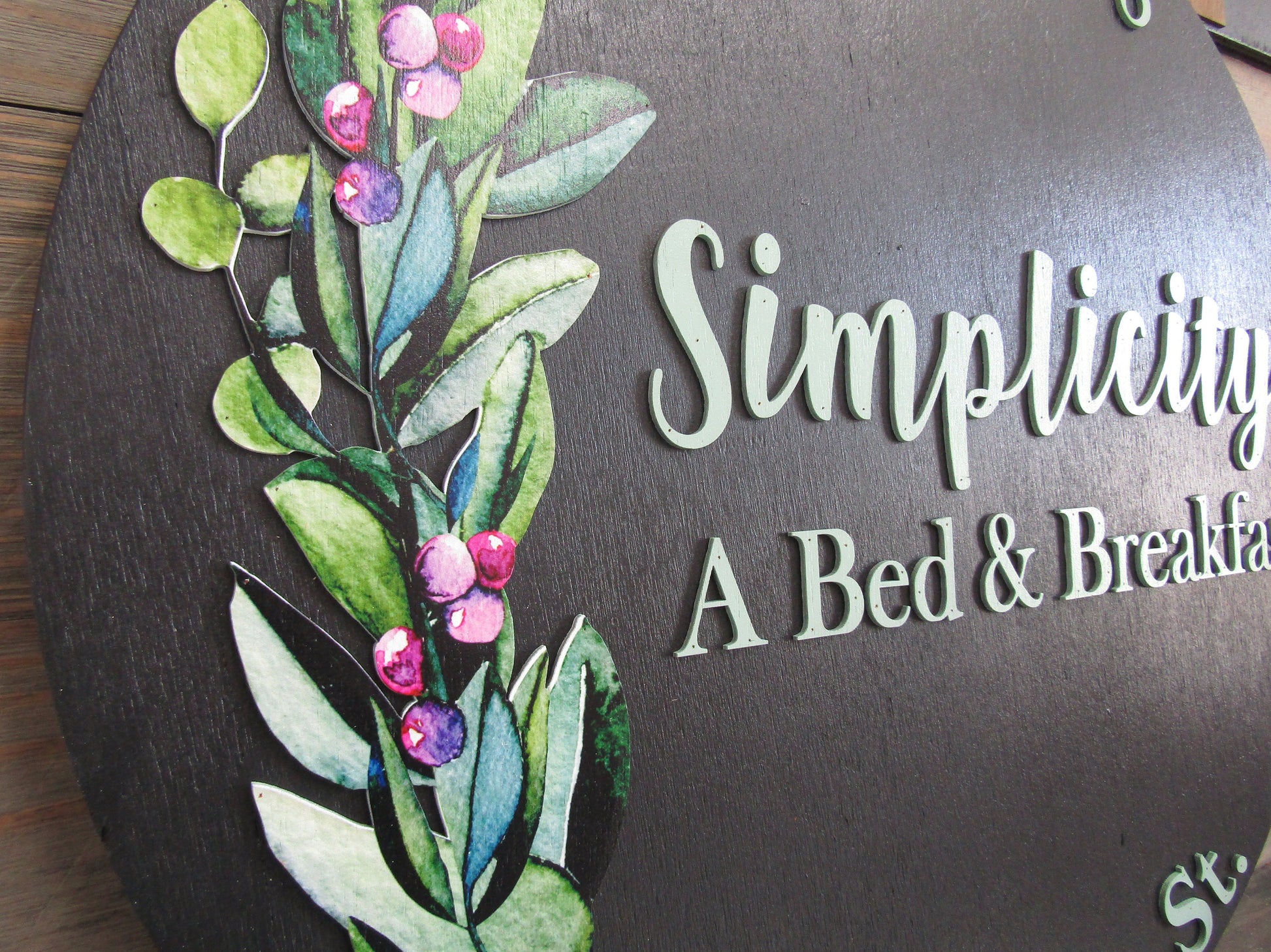 Floral Simplicity Bed and Breakfast Custom Sign Round Business Commerical Signage Made to Order Logo Circle Wooden Handmade