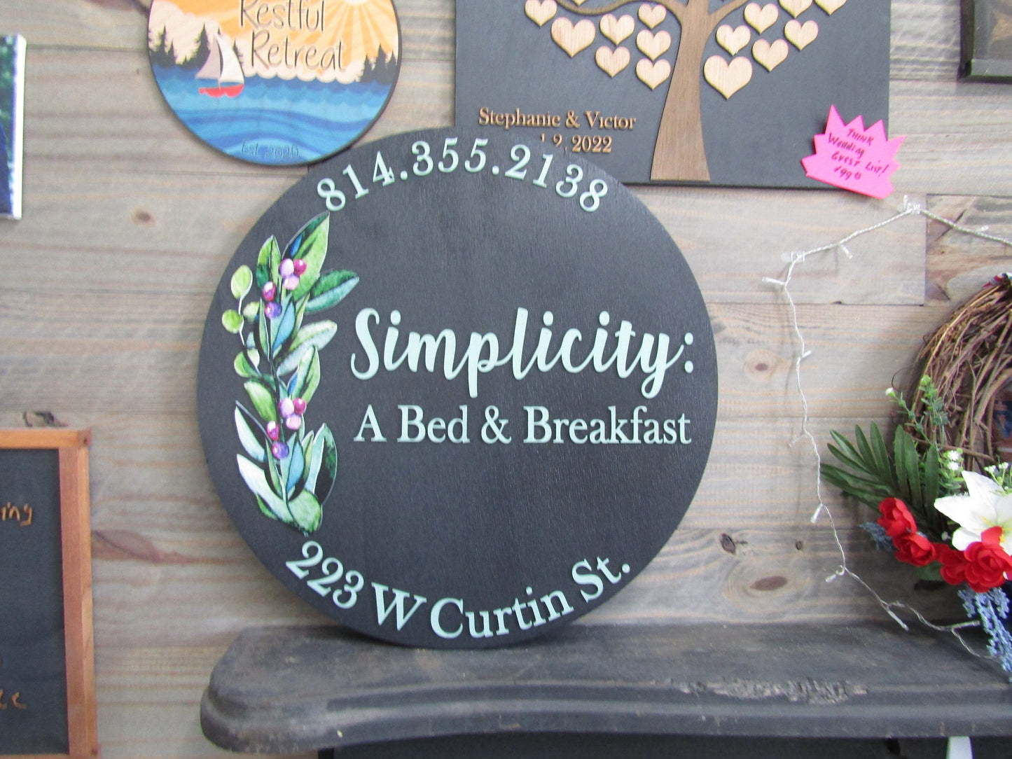 Floral Simplicity Bed and Breakfast Custom Sign Round Business Commerical Signage Made to Order Logo Circle Wooden Handmade