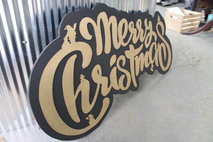 Merry Christmas Santa Snowman Stocking Tree Seasonal Festive Wooden Decor Decoration Sign Black and Gold Winter Contour