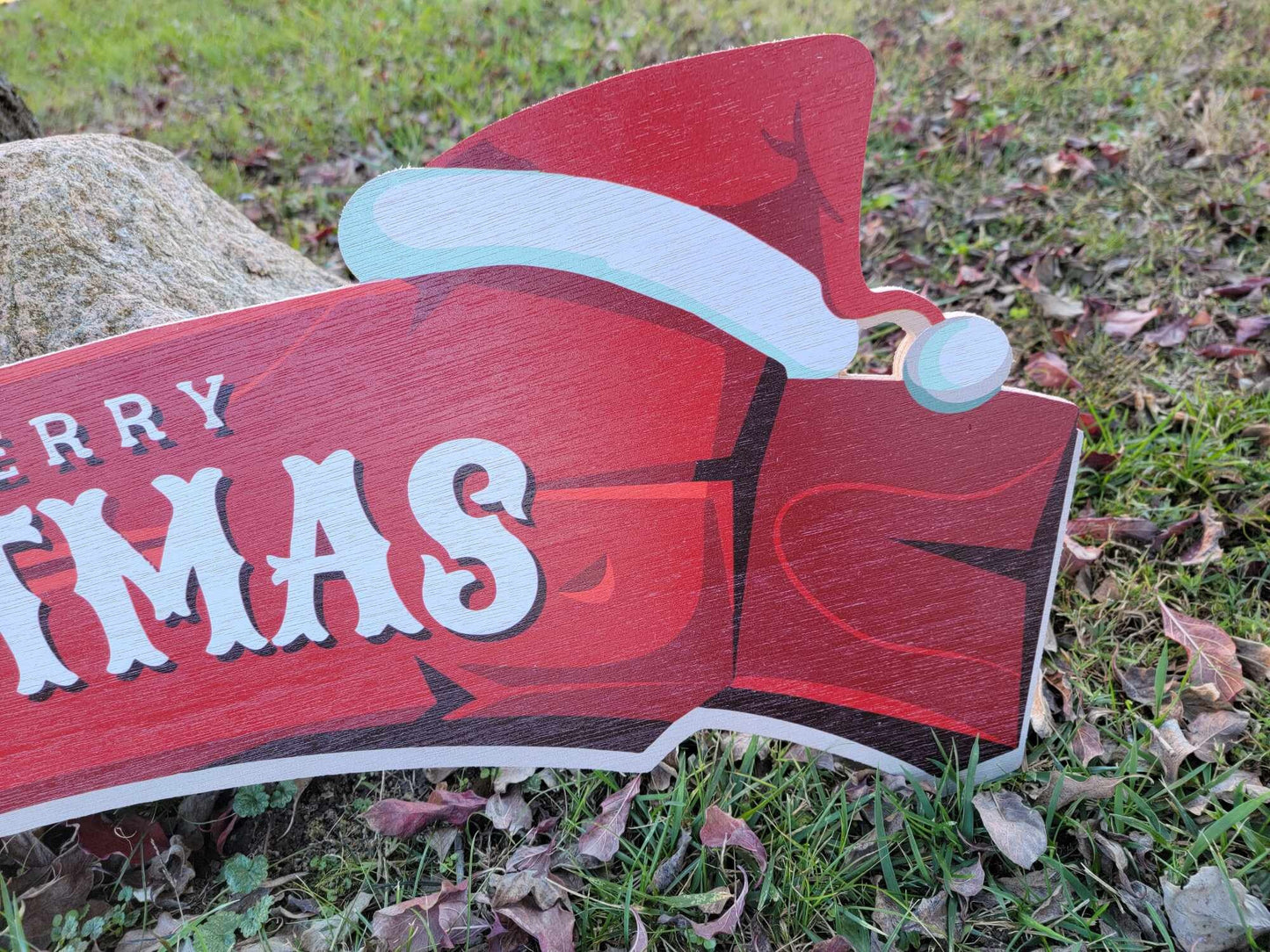 Large Merry and Happy Christmas sign banner for over the door or doorway red wood sign santa hat red and white on rustic wood planks