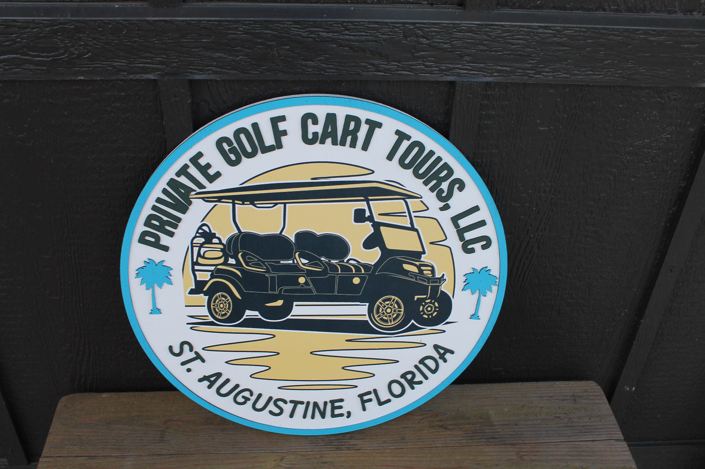 Golf Cart Private Palm Tropics Vacation Custom Sign Round Business Commerical Signage Made to Order Small Shop Logo Circle Wooden Handmade