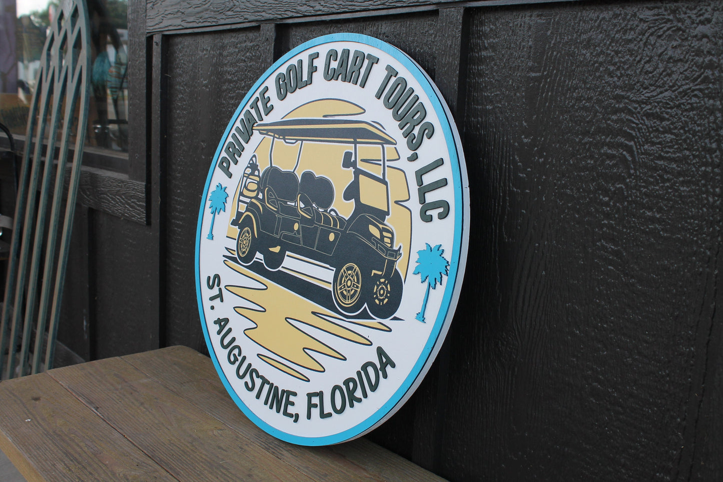 Golf Cart Private Palm Tropics Vacation Custom Sign Round Business Commerical Signage Made to Order Small Shop Logo Circle Wooden Handmade