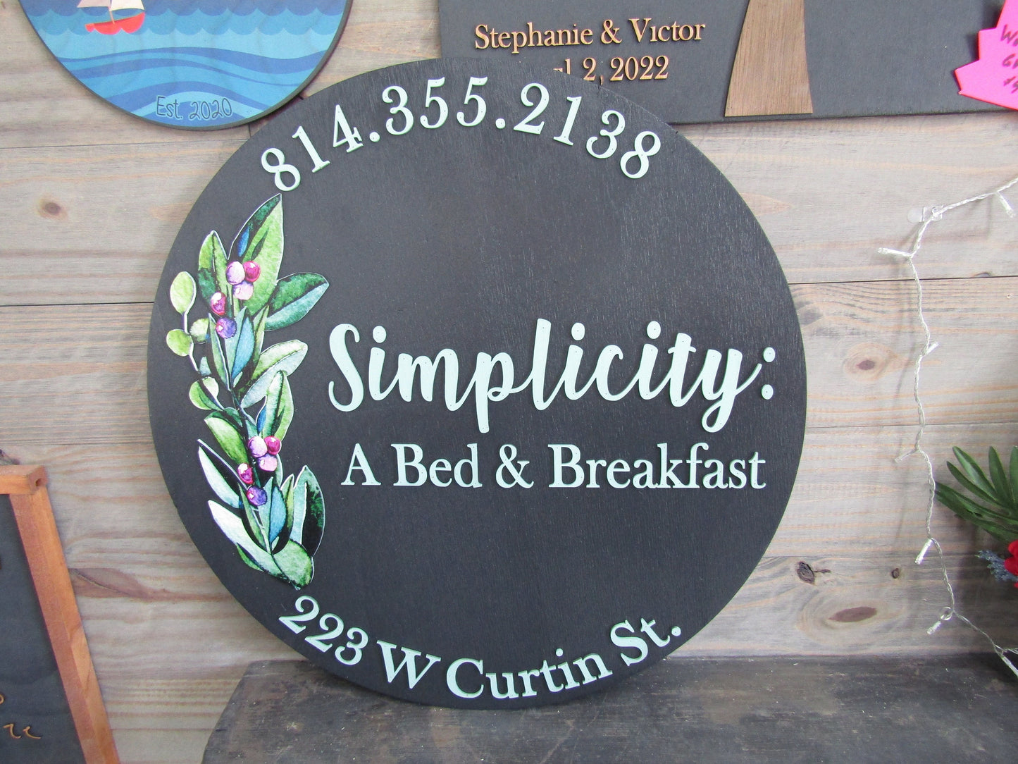 Floral Simplicity Bed and Breakfast Custom Sign Round Business Commerical Signage Made to Order Logo Circle Wooden Handmade