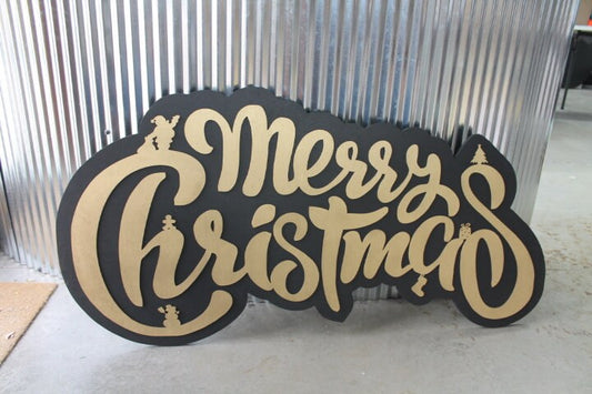 Merry Christmas Santa Snowman Stocking Tree Seasonal Festive Wooden Decor Decoration Sign Black and Gold Winter Contour