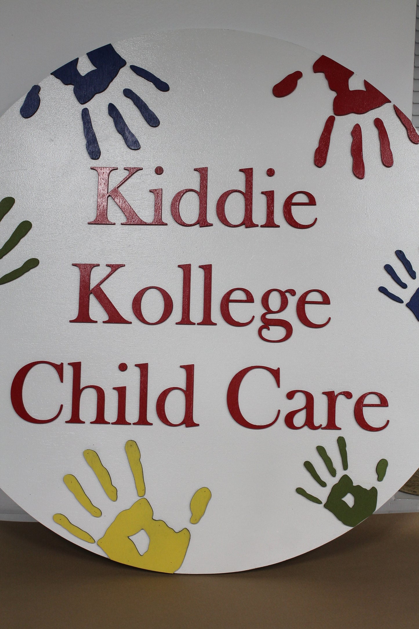 Kids Daycare School Handprints Custom Sign Round Rainbow Childcare Commerical Signage Single Double Sided Made to Order Logo Wooden Handmade