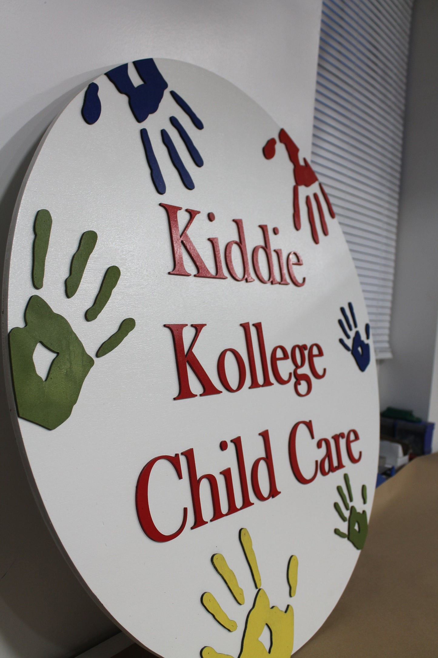 Kids Daycare School Handprints Custom Sign Round Rainbow Childcare Commerical Signage Single Double Sided Made to Order Logo Wooden Handmade