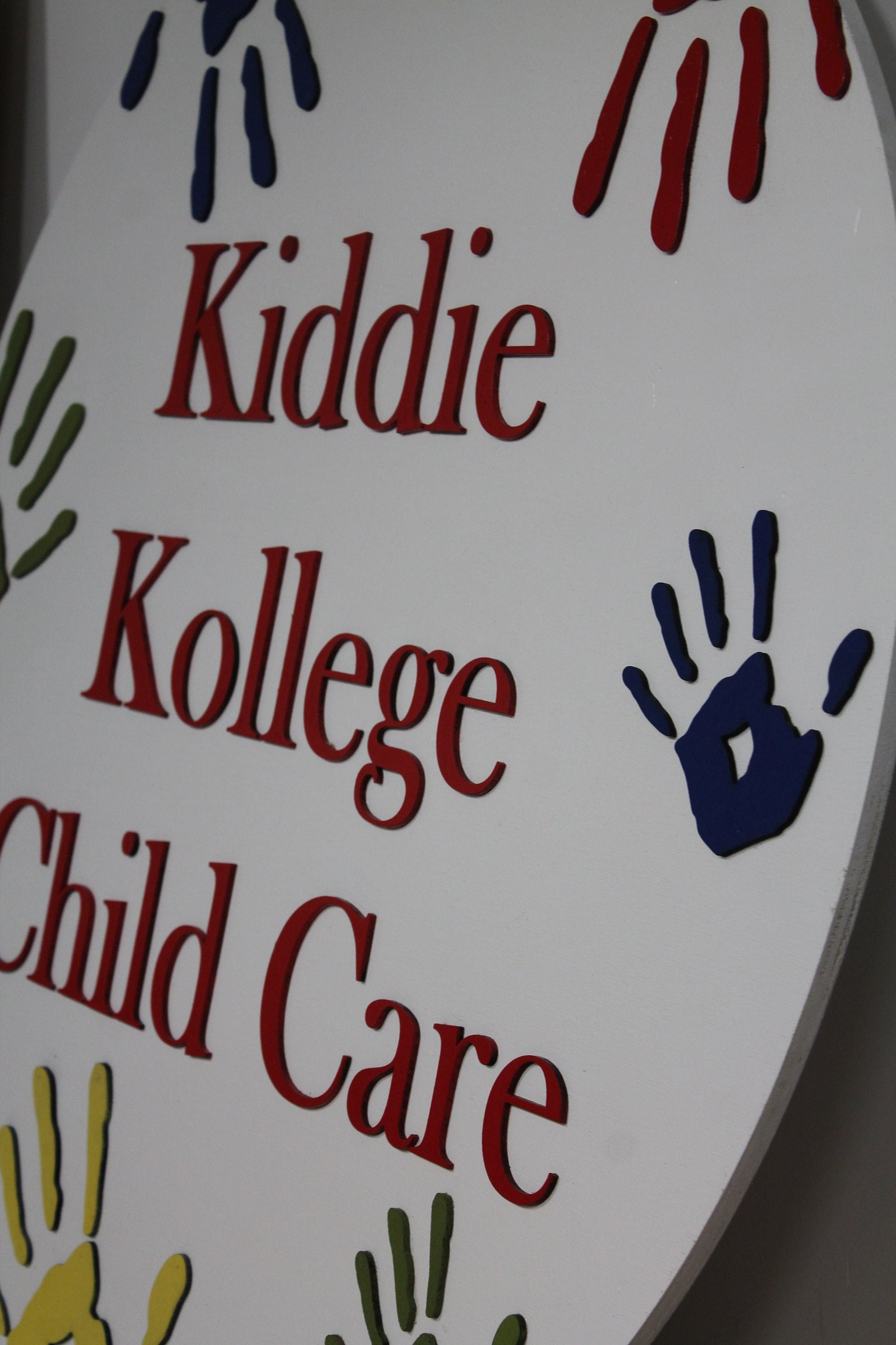 Kids Daycare School Handprints Custom Sign Round Rainbow Childcare Commerical Signage Single Double Sided Made to Order Logo Wooden Handmade