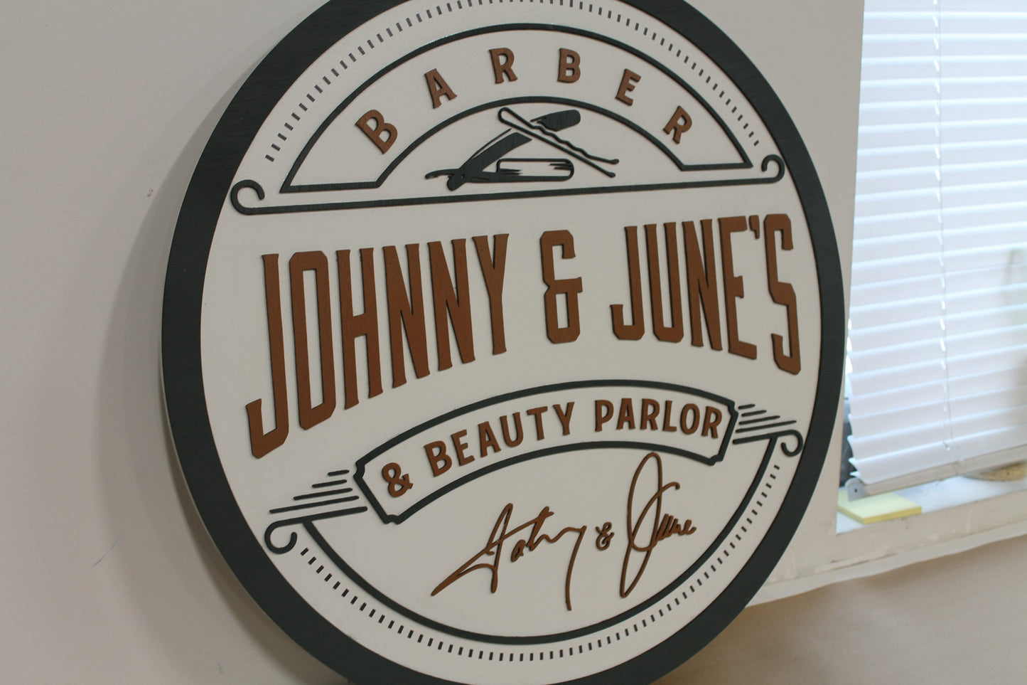 Beauty and Barber Bobby pin Razor Salon Parlor Custom Sign Round Commerical Signage Single Double Sided Made to Order Logo Wooden Handmade