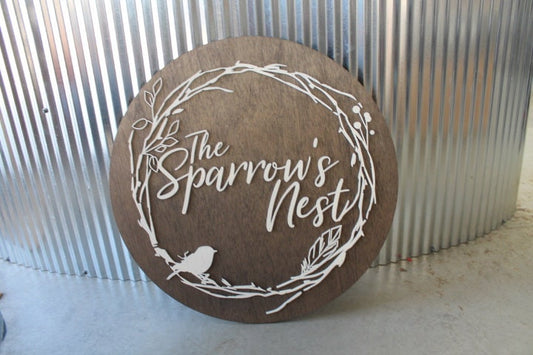 Sparrow Nest Bird Hoop Boutique Small Business Brand Custom Round Business Commerical Sign Made to Order Small Shop Logo Wooden Handmade