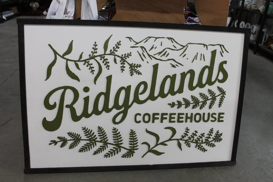 Coffee House Shop Green Leaf Mountain Custom Business Sign Rectangle 3D Large Custom Indoor Outdoor Small Business Logo Laser Cut Wood Sign
