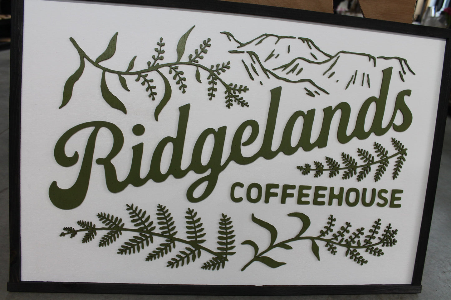 Coffee House Shop Green Leaf Mountain Custom Business Sign Rectangle 3D Large Custom Indoor Outdoor Small Business Logo Laser Cut Wood Sign