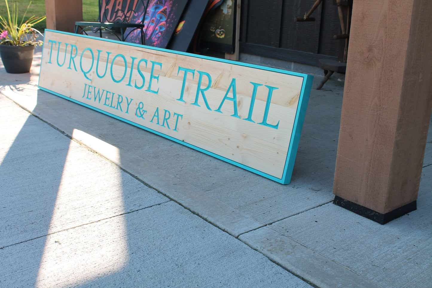 Jewely and Art Turquoise Seafoam Trail Business Commerical Sign Personalized Custom Wooden Etched Sign Engraved Routed Color Filled