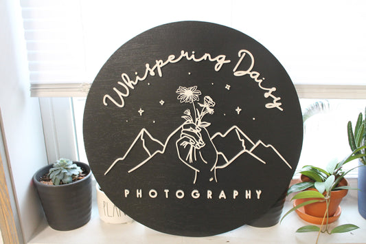 Photographer Sign, Daisy, Floral, Mountain, Photography, Custom, Business Sign, Small Business, 3D, Raised Text, Round, Outline, Line Art