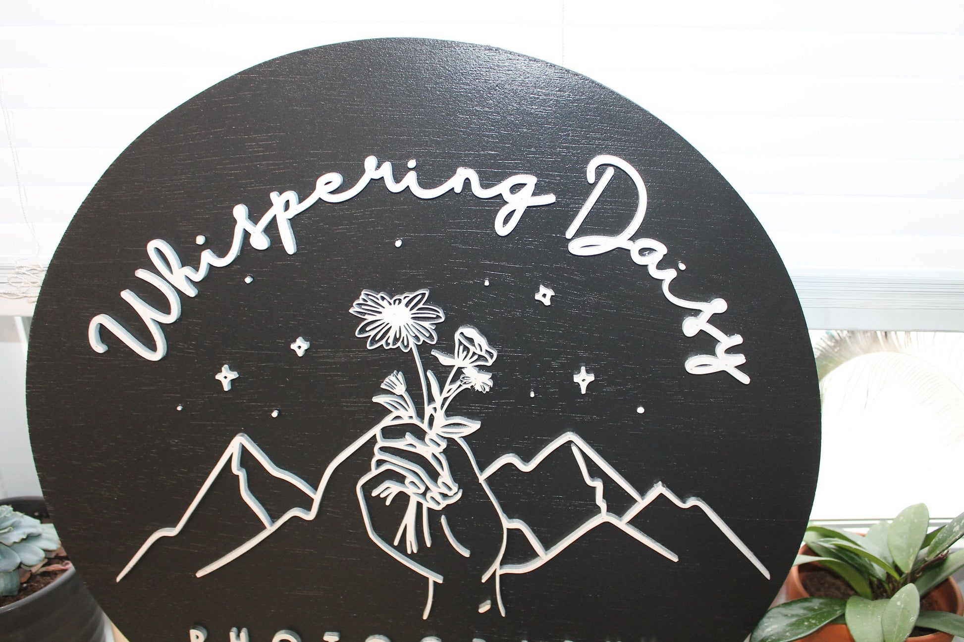 Photographer Sign, Daisy, Floral, Mountain, Photography, Custom, Business Sign, Small Business, 3D, Raised Text, Round, Outline, Line Art