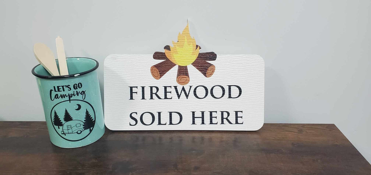 Contour Fire Wood Sold Here Sign Outdoor Weather Proof Camping Campsite Hiking Small Business Bonfire Cabin Lodge PVC Textured Woodgrain