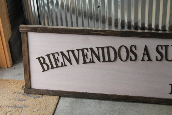 Custom Welcome Bienvenidos Supermarket Espanol Sign Spanish Hispanic Handmade Wooden 3D Personalized Brown Store Rustic Your Text Here