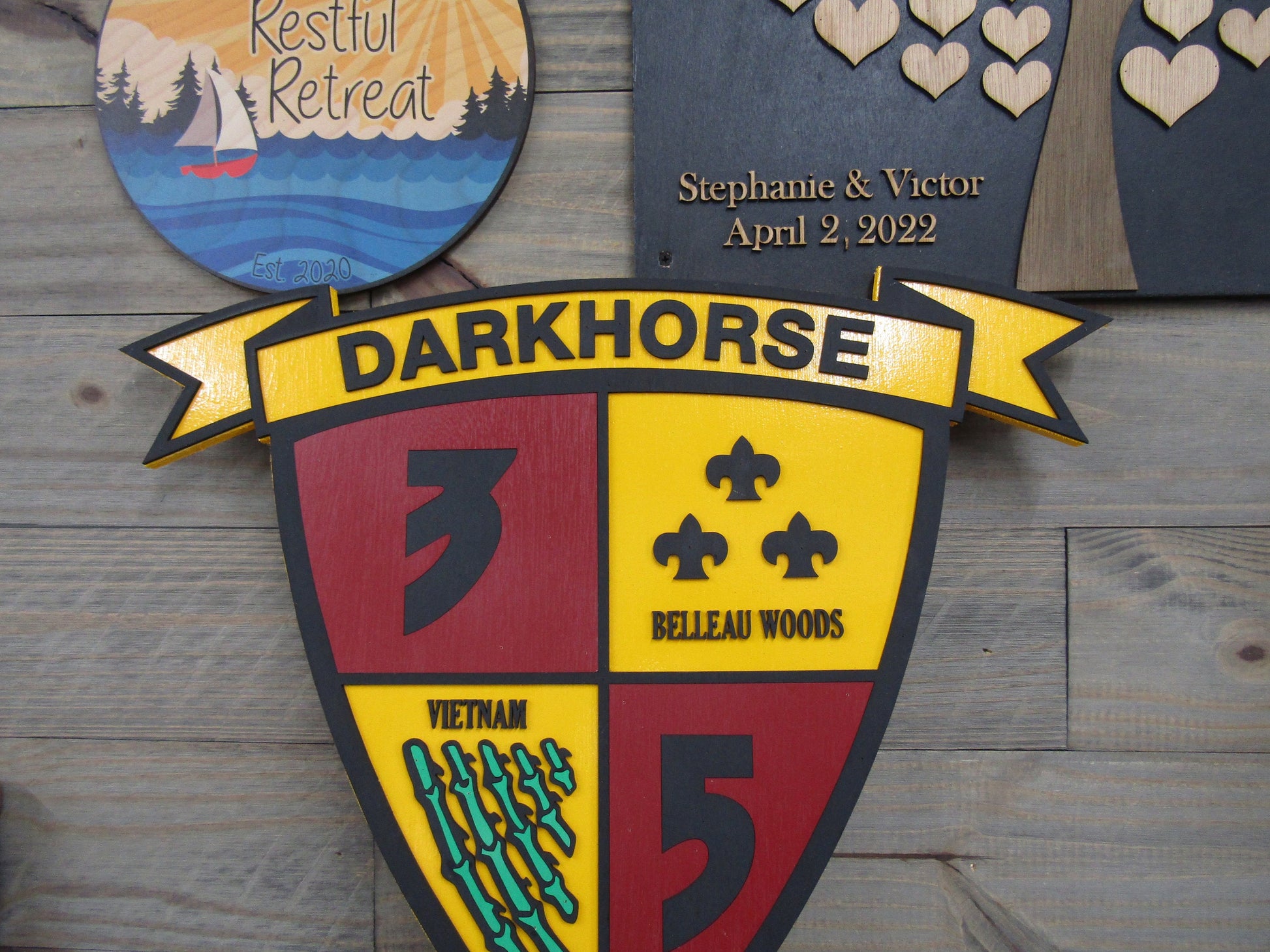 Custom Wood Sign Sheild Badge Darkhorse 3D Raised Text Handmade Contour Cut Military War Veteran Honor Decor Wall Art Hanging