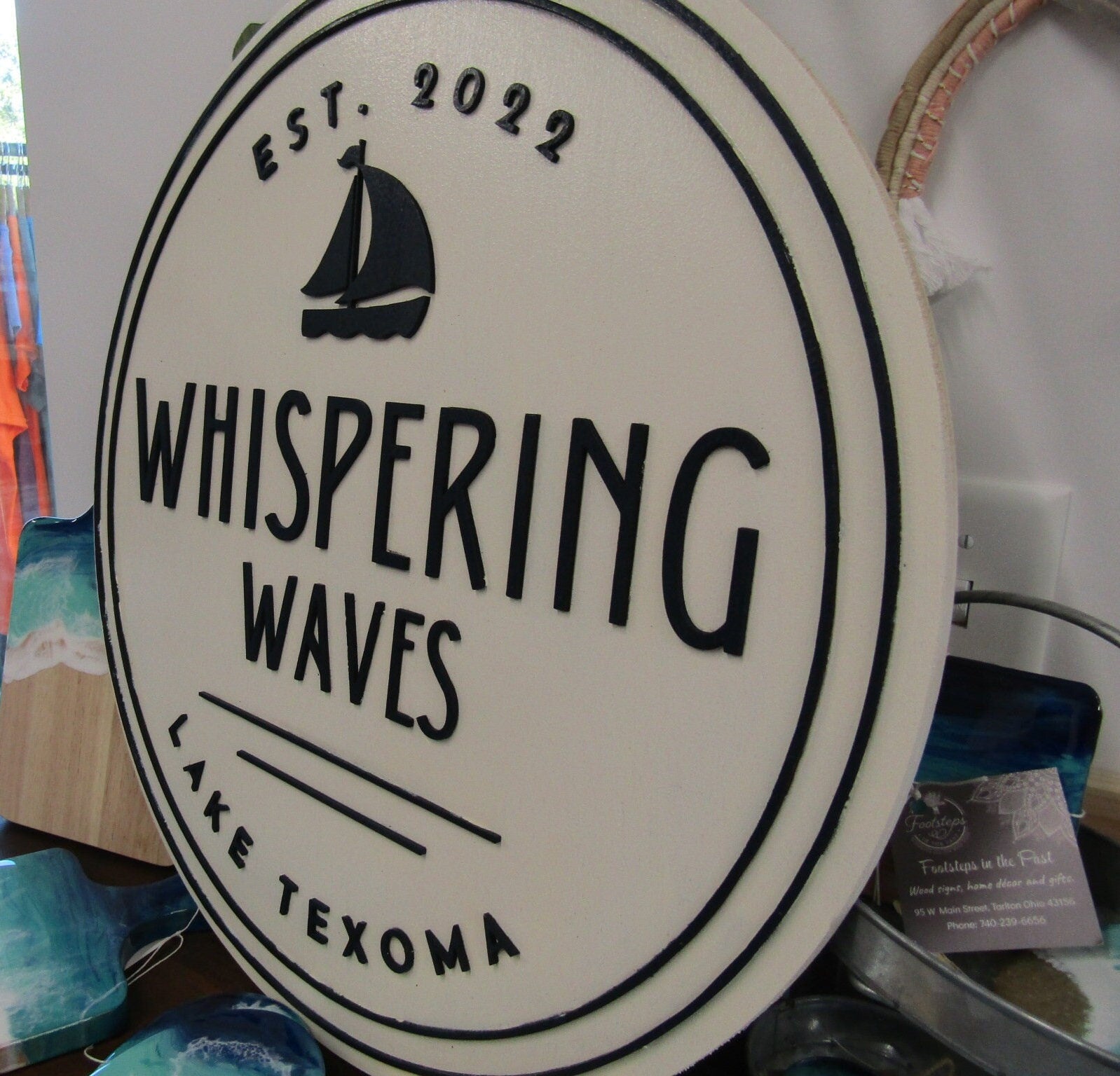 Custom Wooden Sign For Home Sail Boat Lake House Waves Round Made to Order Logo Circle Handmade Raised Text Home