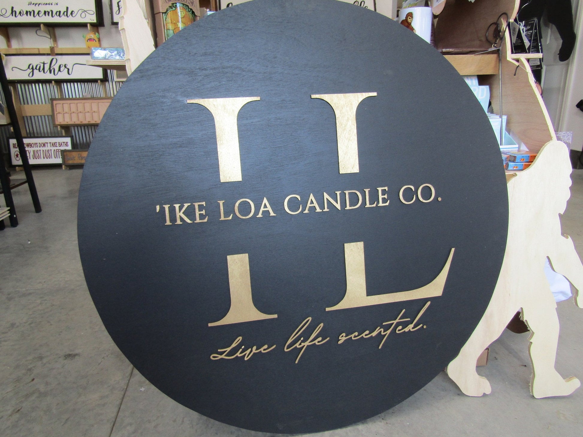 Custom Sign Round Candle Co Business Single Or Double Sided Made to Order Store Front Small Shop Logo Gold Circle Wooden Handmade