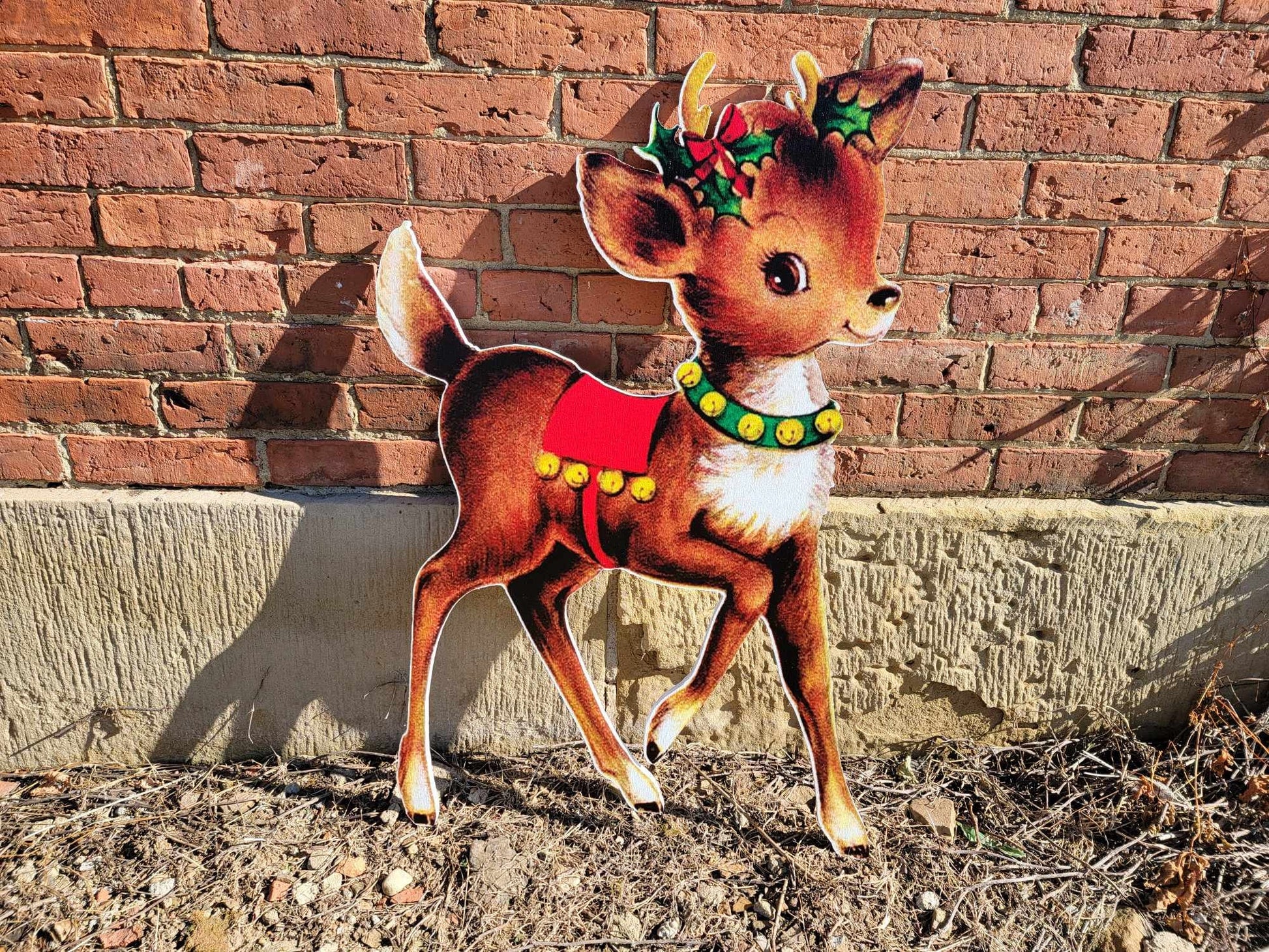 Vintage Yard Art PVC Reindeer Baby Holly Bells Yard Decor Christmas Outdoor Weather Proof Printed image Yard Decor