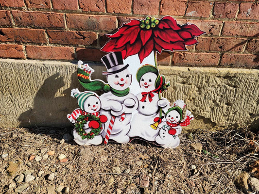 Vintage Yard Art PVC Winter Snowman Family Poinsettia Yard Sign Decorations Yard Decor Christmas Outdoor Weatherproof Printed image