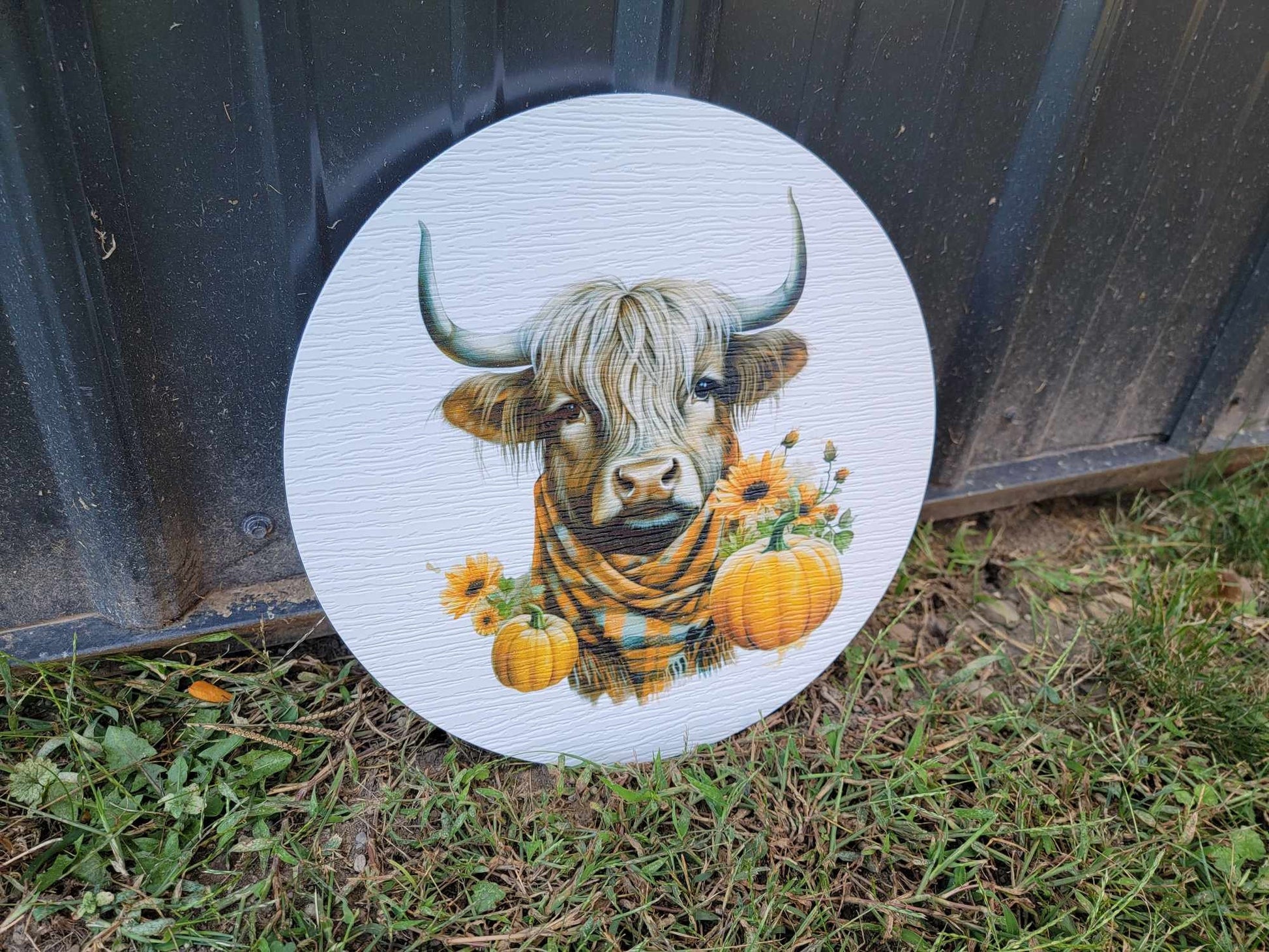 Cow Furry Highland Sign Printed Cow Lovers Porch Pumpkin Autumn Gourd PVC Weatherproof Ultraviolet Ink Doorhanger Outdoor Use