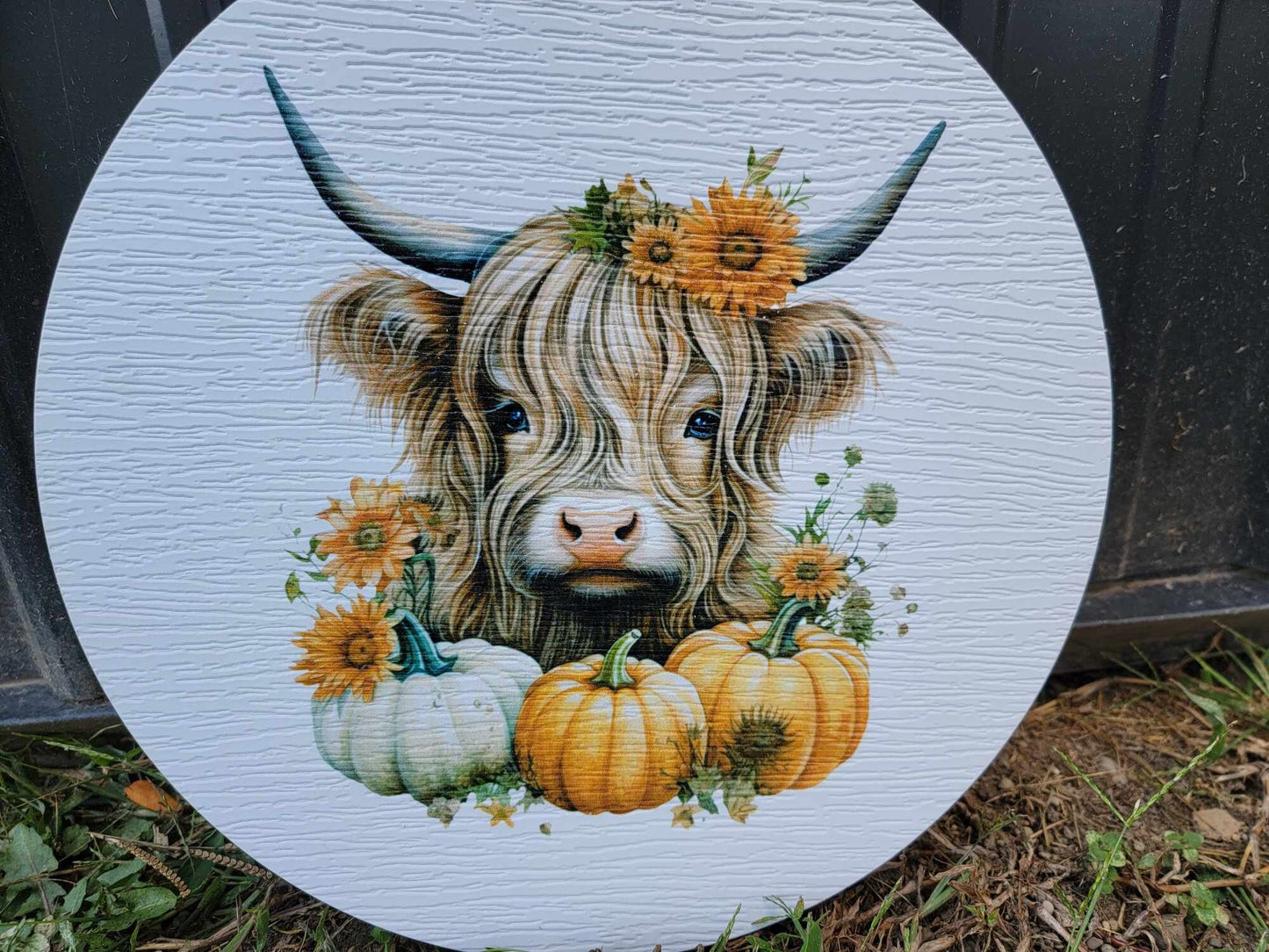 Cow Furry Highland Sign Flower Sunflower Printed Cow Lovers Porch Pumpkin Autumn Girl PVC Weatherproof Doorhanger Outdoor Use