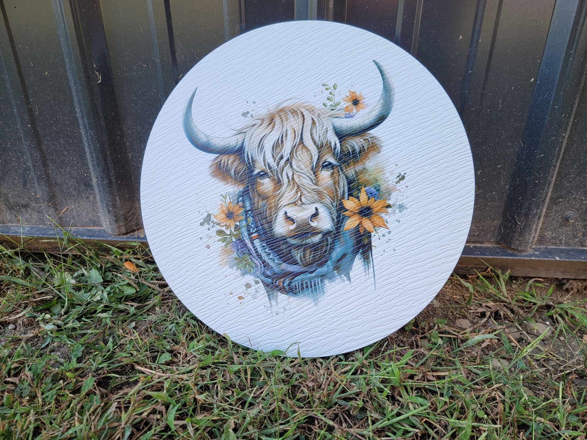 Cow Scarf Furry Highland Sign Flower Sunflower Printed Cow Lovers Porch Girl PVC Weatherproof Doorhanger Outdoor Use