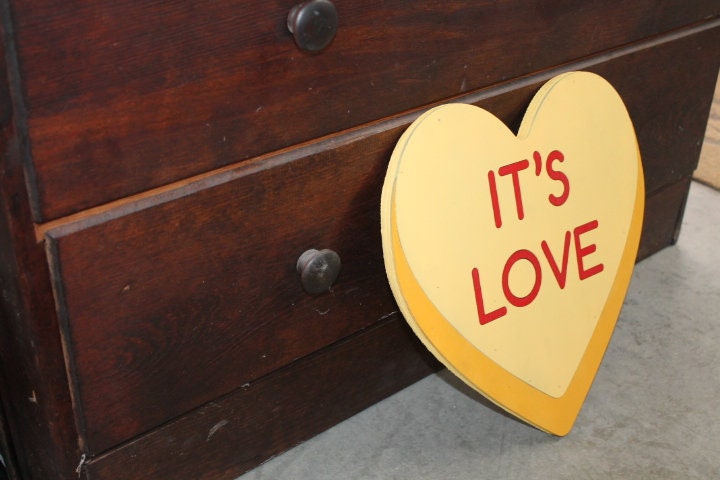 Wood Its Love Yellow Candy Conversation Heart Cutout Valentines Day Gift Photography Prop Handmade Homedecor Raised 3D Sign Wall Art