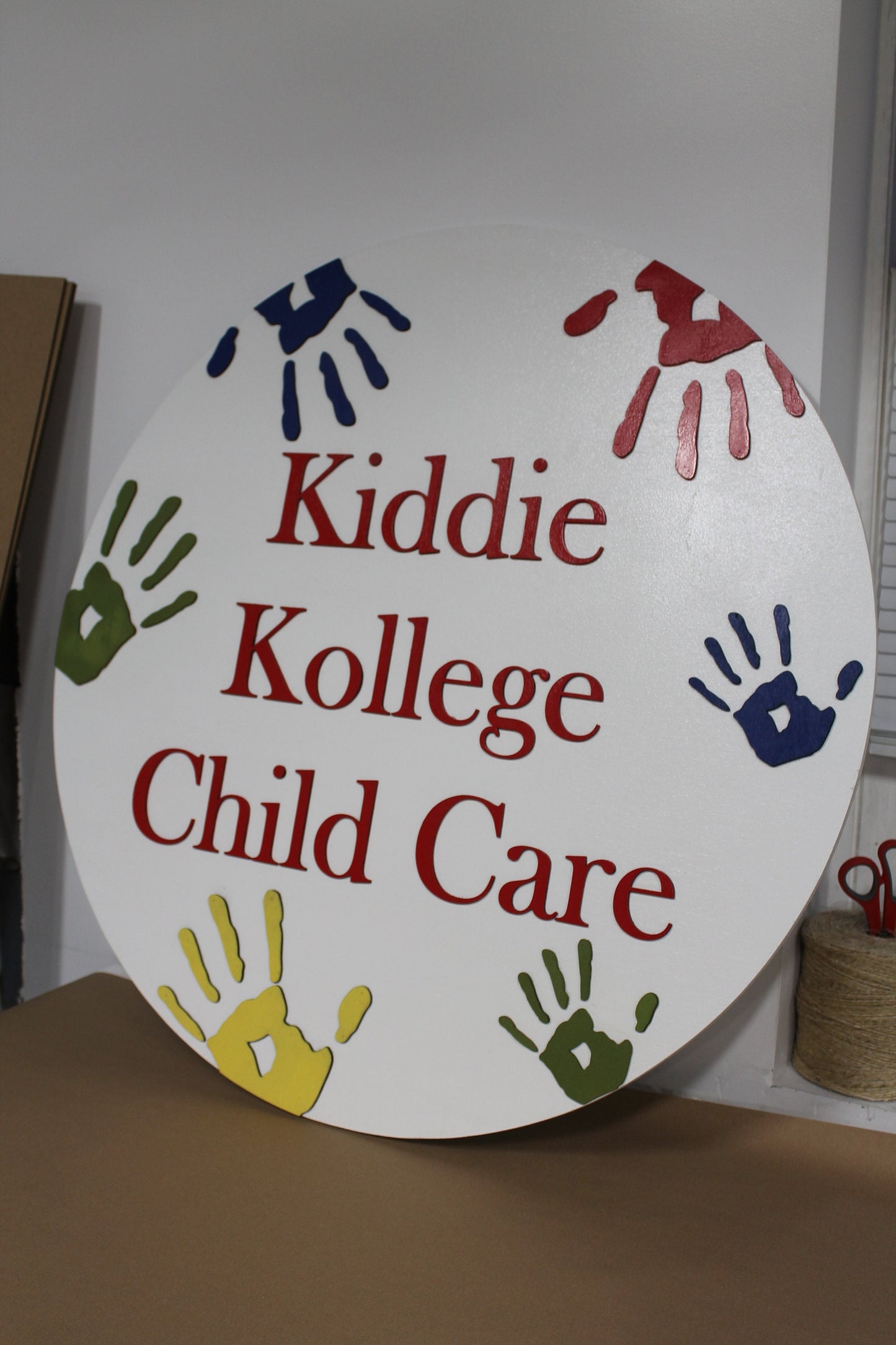 Kids Daycare School Handprints Custom Sign Round Rainbow Childcare Commerical Signage Single Double Sided Made to Order Logo Wooden Handmade