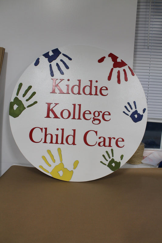Kids Daycare School Handprints Custom Sign Round Rainbow Childcare Commerical Signage Single Double Sided Made to Order Logo Wooden Handmade