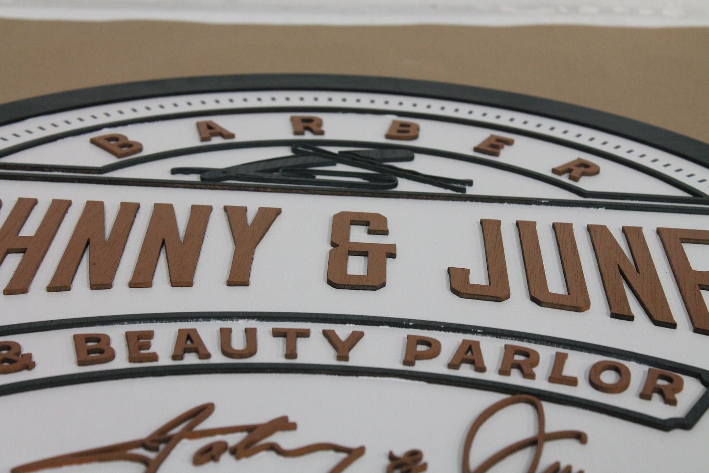 Beauty and Barber Bobby pin Razor Salon Parlor Custom Sign Round Commerical Signage Single Double Sided Made to Order Logo Wooden Handmade