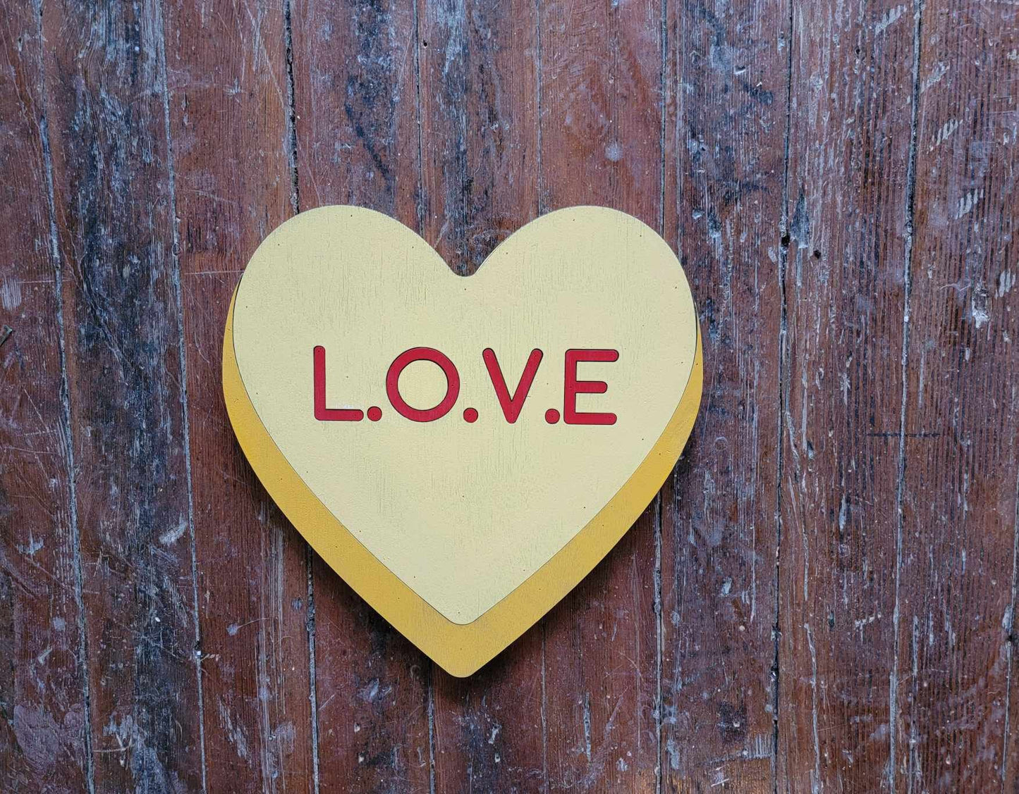 Wooden heart Yellow L.o.v.e Candy Conversation Heart Cutout Valentines Day Gift Photography Prop Handmade Homedecor Raised 3D Sign Wall Art