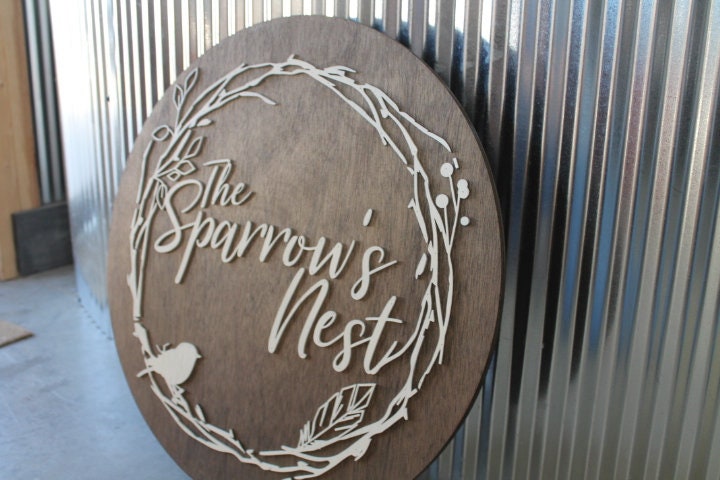 Sparrow Nest Bird Hoop Boutique Small Business Brand Custom Round Business Commerical Sign Made to Order Small Shop Logo Wooden Handmade