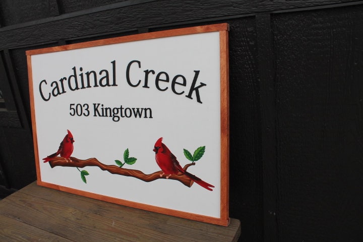 Cardinal Bird Red Address Sign Creek Printed 3D Detail Color Custom Personalized Farm Wooden Raised Handmade Framed Home Business