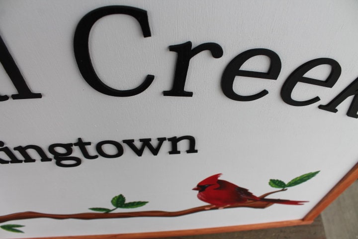 Cardinal Bird Red Address Sign Creek Printed 3D Detail Color Custom Personalized Farm Wooden Raised Handmade Framed Home Business