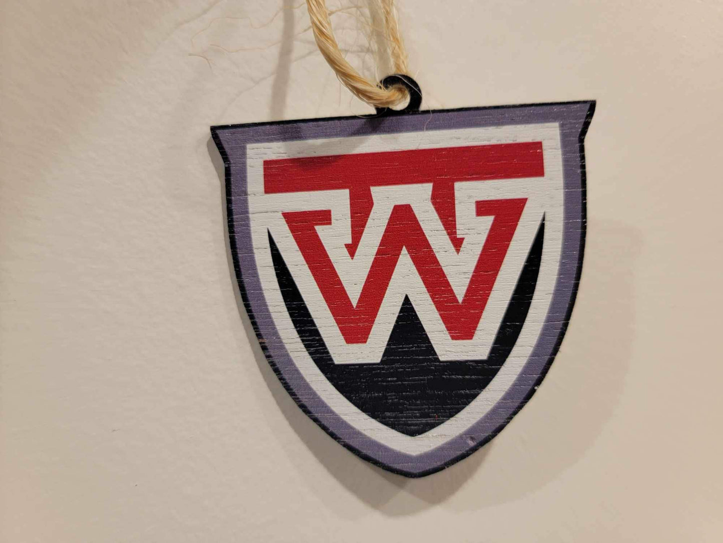 School Mascot Ornament W Westfall Mustang Wood Printed Color Sign Sheild Red and Blue Ohio Handmade Christmas Tree