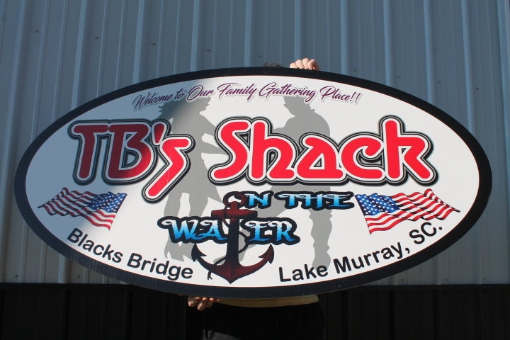 Boat Lake Nautical American Flag Shack Smooth Side PVC Sustainable Outdoor Signage Weather Proof Fade Proof Full Color Red White Blue Logo