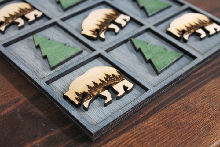 Handmade Tic Tac Toe Bear Cabin Woods Stained Woodsy Camping Cabin game Bnb Wooden Lodge Vacation Family game boardgame Laser cut engraved
