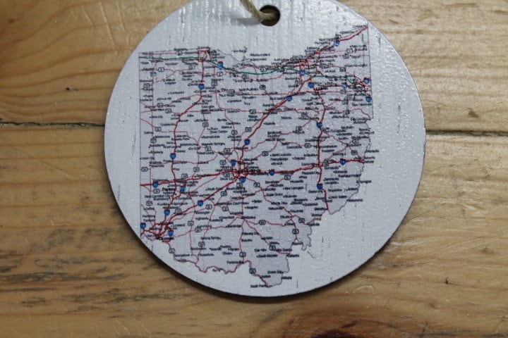 Ohio Map Coordinates State Round Roadmap Highway Travel Ornament Keepsake Home Hometown Keychain Wood Print Gift Visit Tree Christmas