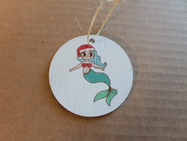 Cute Mermaid Santa hat Cryptic Ornament Collector Mythical Printed Keychain Giftable Gift for Him Gift for her Wooden