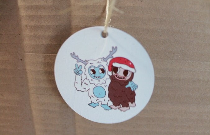 Yeti and Bigfoot Pals Besties Friends Cartoon Festive Cryptic Ornament Mythical Printed Keychain Giftable Gift for Him Gift for her Wooden