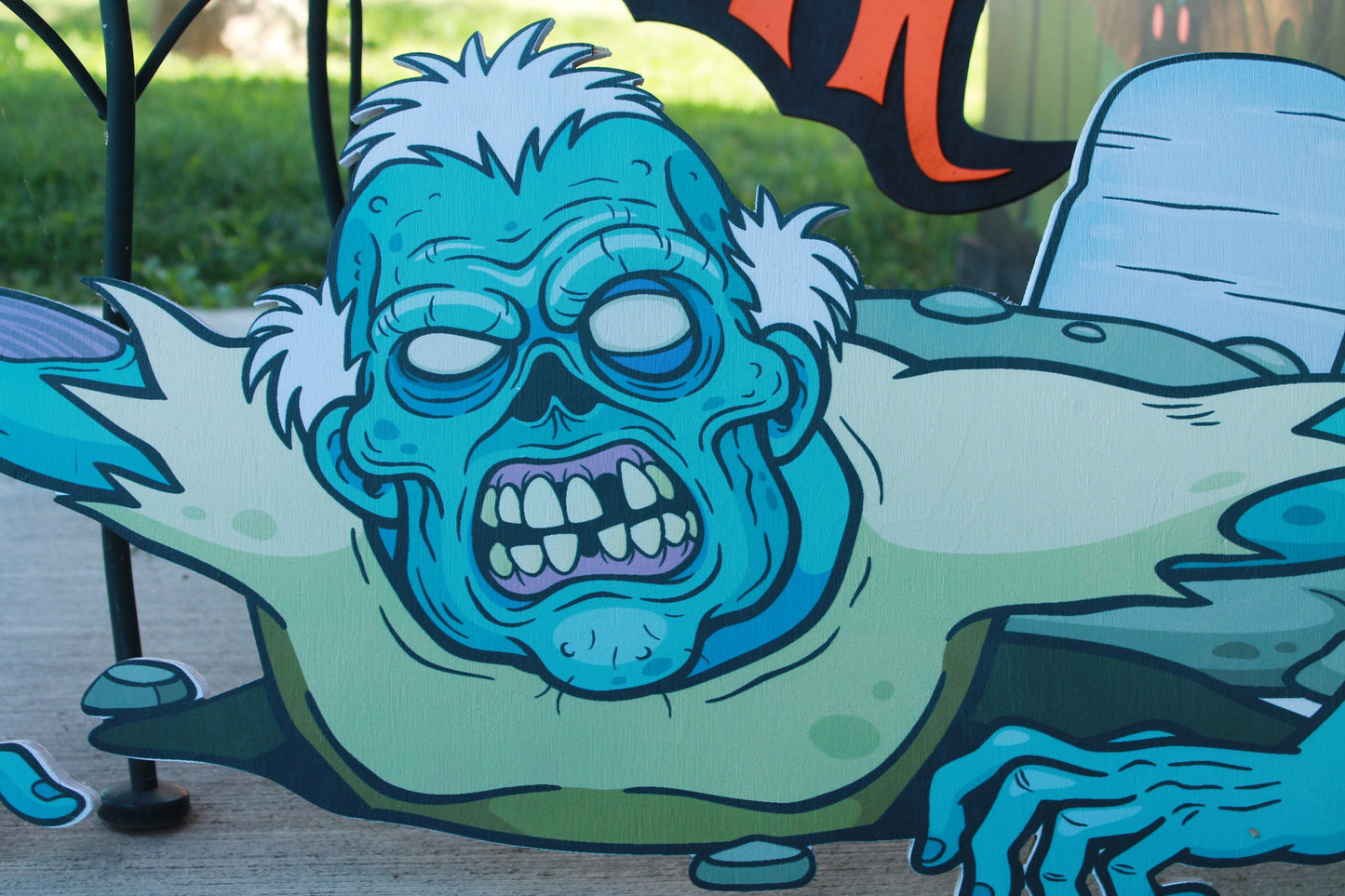 Blacklight UV Ink Zombie crawling from the ground scary happy Halloween yard decor great for trick or treat wood sign