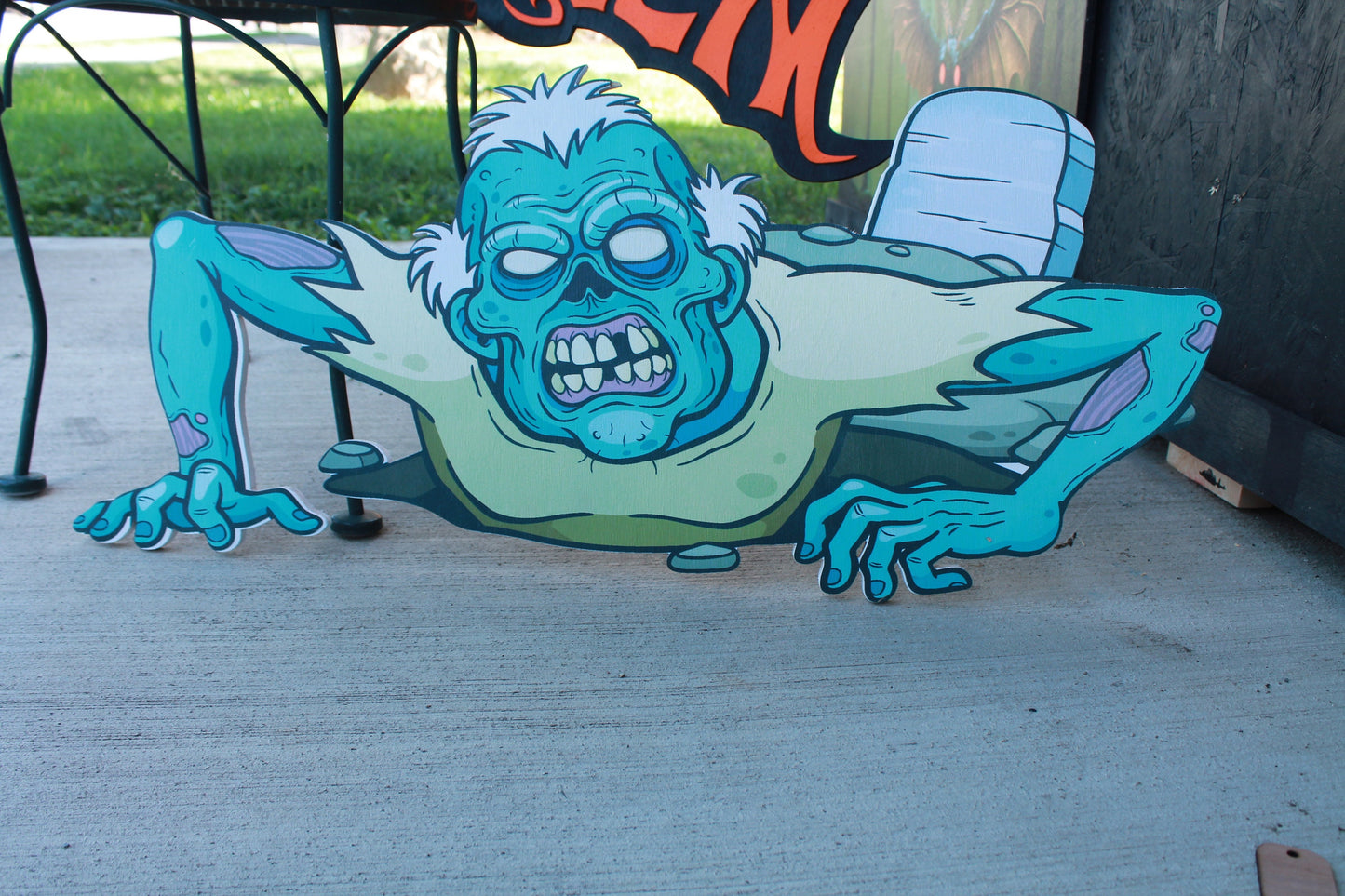 Blacklight UV Ink Zombie crawling from the ground scary happy Halloween yard decor great for trick or treat wood sign
