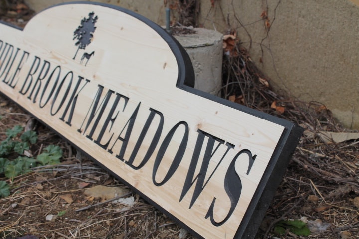Neighborhood Entrance Sign Address Horse Meadows Engraved Inscribed Pine Paint filled Tree Subdivision Commerical Business Handmade
