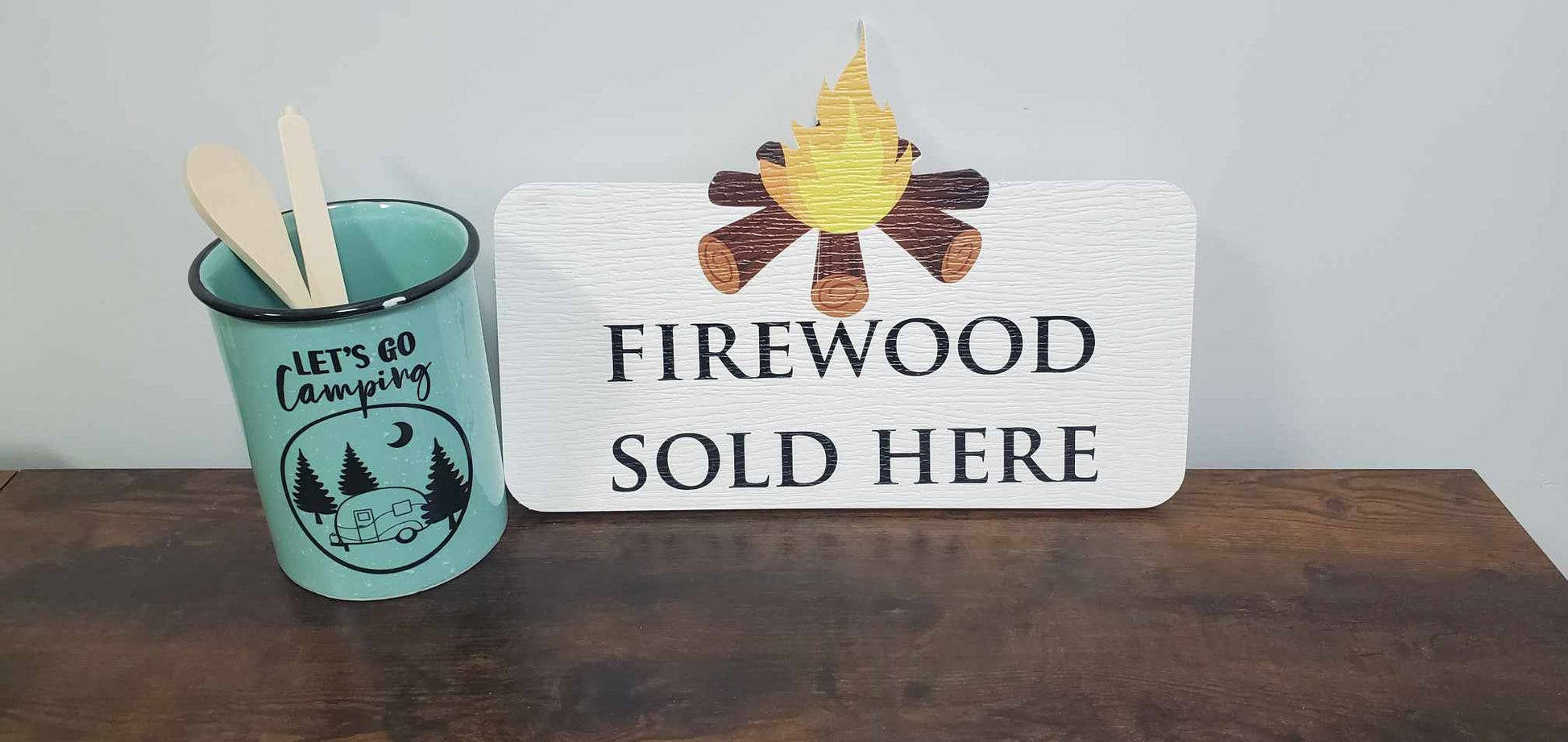 Contour Fire Wood Sold Here Sign Outdoor Weather Proof Camping Campsite Hiking Small Business Bonfire Cabin Lodge PVC Textured Woodgrain