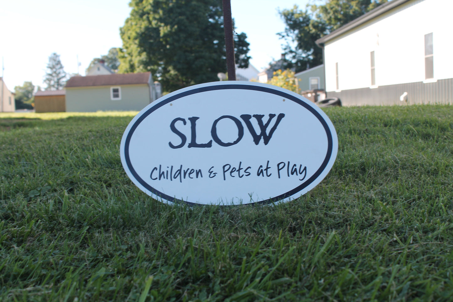 Slow Kids and Pets At Play Road Sign Street Sign Motorist Home Mailbox Outdoors Textured Neighborhood Watch Oval PVC Weatherproof