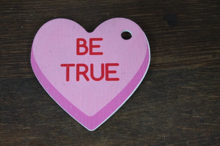 Conversation Hearts Ornament Keychain Heart Shaped Cute Choice of Phrase Pastel Valentines Day Giftable Wooden Printed